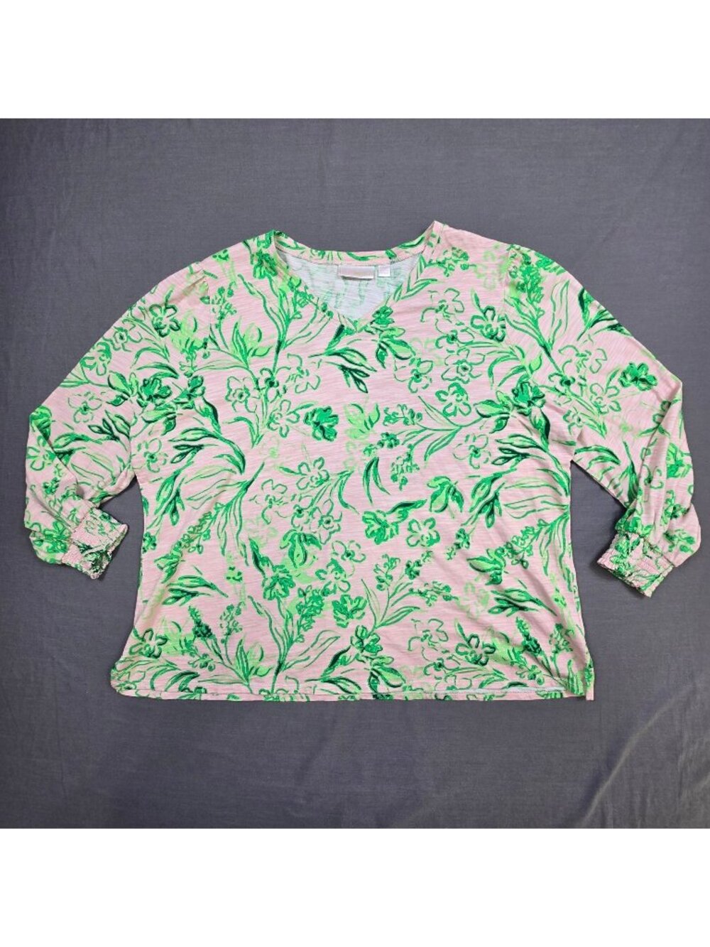 Belle Kim Gravel 2X Long Sleeve Top Pink & Green Floral V-Neck Cotton Modal - Picture 1 of 4